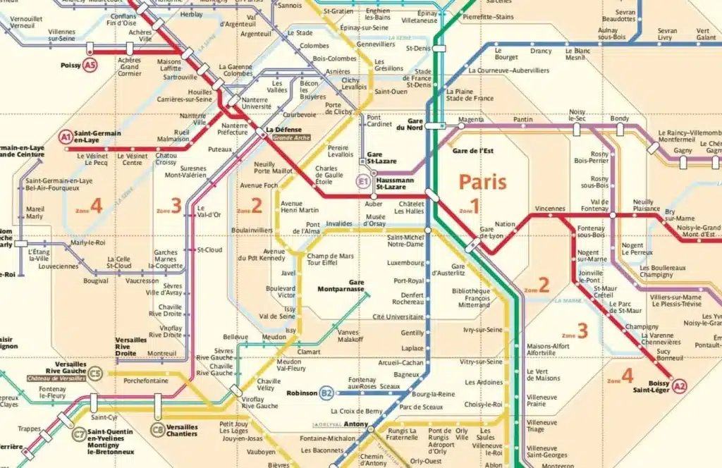 Mapa de las zonas tarifarias de París